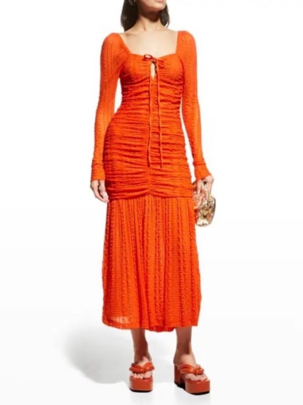Ganni Cloque Ruched Lace Midi Dress